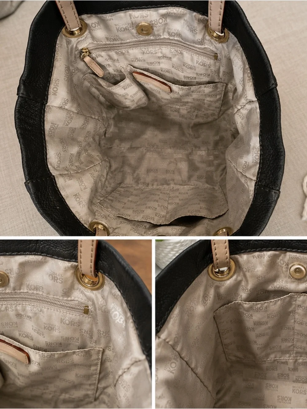 Michael Kors Leather Tote Bag | Black Pebbled Leather with Beige Straps